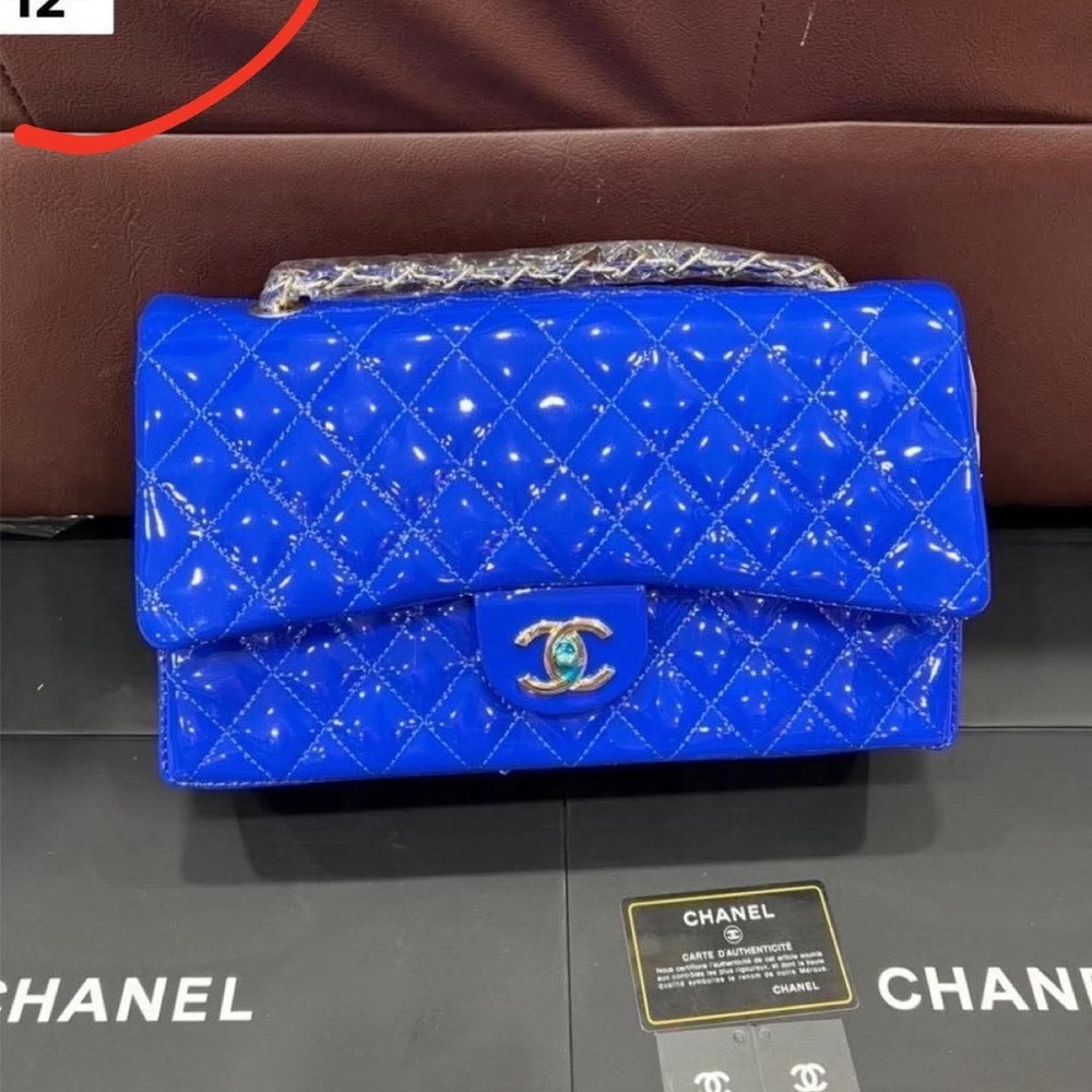 CHANEL Electric Blue Patent Quilted Shoulder Bag